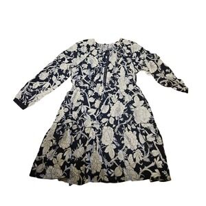 Time and Tru Womens XL 16-18 Navy White Floral Tiered Long Sleeve Mini Dress NWT